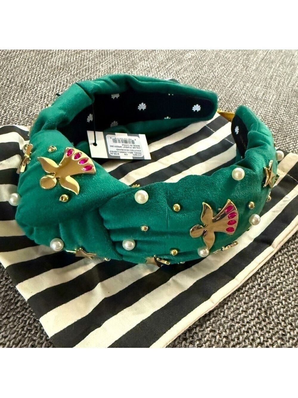 Lele Sadoughi Forest Green Angel Bell Embellished Knotted Headband NWT Authentic